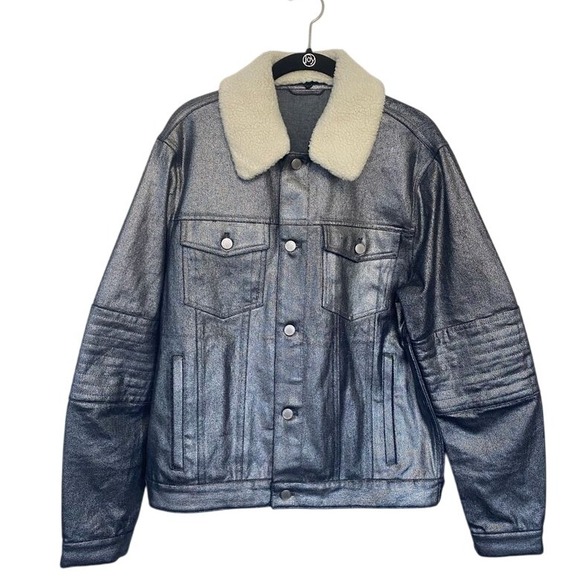 Michael Kors Mens Metallic Moto‎ Trucker Sherpa Collar Jacket Silver size M